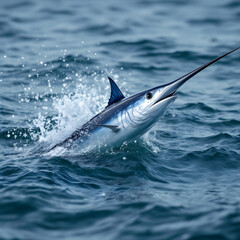 Fototapeta premium Swordfish Breaching Water Surface with Splash in Ocean Scene
