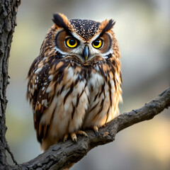 Fototapeta premium Captivating Owl Perched on a Branch with Stunning Yellow Eyes