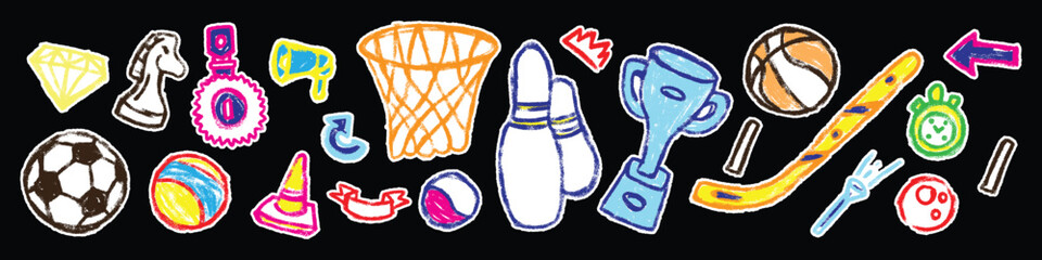 Kids drawing illustration, vector children color pencil naive doodle stciker set, cute cartoon sport