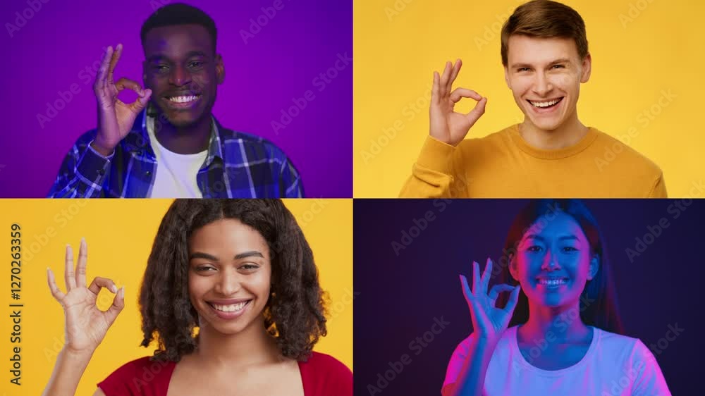 Poster Four individuals of different backgrounds each making the okay gesture. Bright yellow and purple backgrounds enhance their expressions of positivity and connection in a dynamic lifestyle setting.