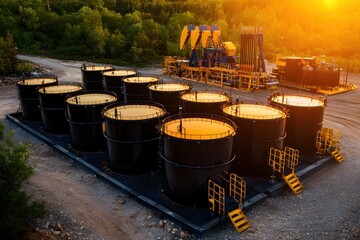 Oil Extraction Site with Pumpjack and Storage Tanks at Sunset in a Forested Landscape for Energy Production