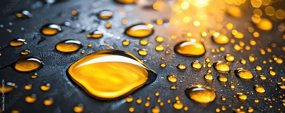 Poster golden liquid drops on dark surface creating a mesmerizing abstract pattern with bokeh lights