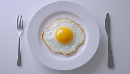 Fried egg yolk on white plate with knife and fork for breakfast