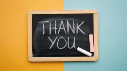 Thank you is written on a blackboard with chalks