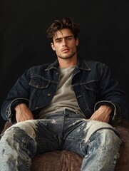Obraz premium Model Posing in Denim Jacket and Ripped Jeans Studio Setting Fashion Photography Modern Environment Close-Up Viewpoint
