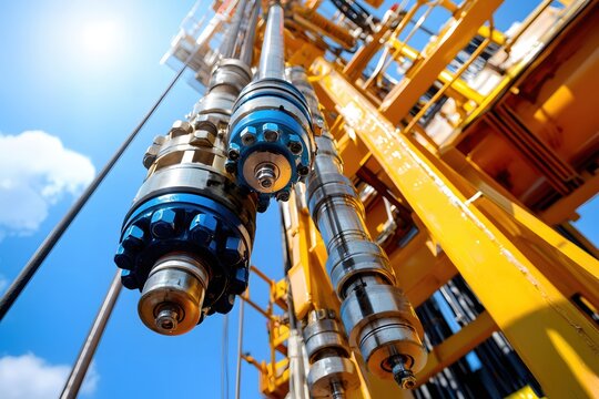 Hydraulic Power Tongs and Drill String Equipment on Oil Rig Drilling Platform under Blue Sky