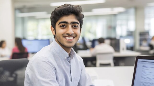 Smiling student computer lab study success