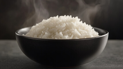 A simple, elegant presentation of steamed white rice in a black ceramic bowl, steam gently rising.