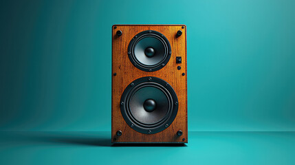 Vintage wooden stereo speaker with two drivers against a teal background.