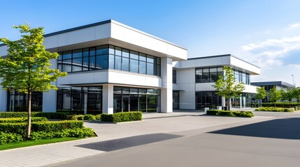 Modern architecture shines in a corporate campus with glass facades and lush green landscaping under a bright blue sky creating a serene and professional ambiance