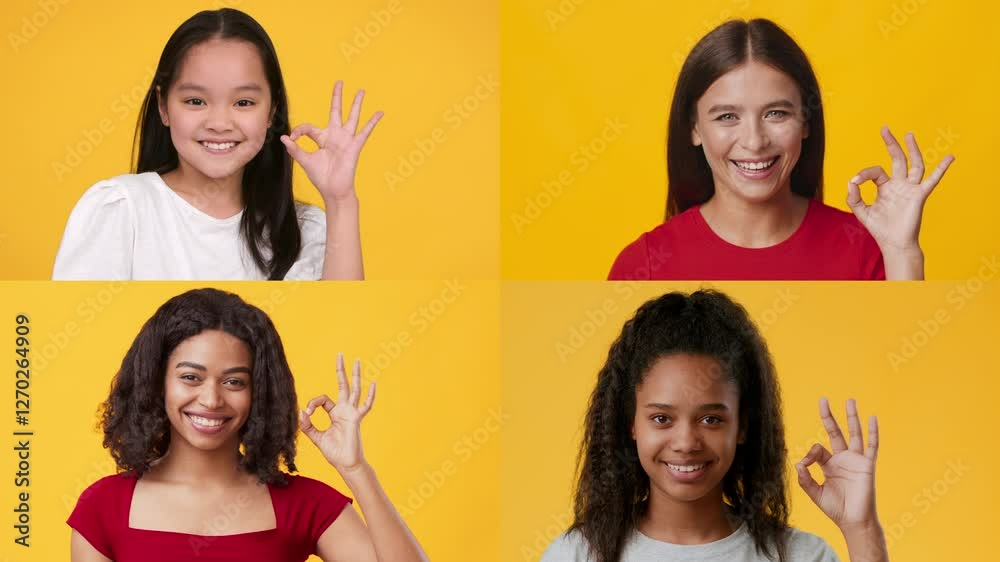 Poster four women of different backgrounds share joyful gestures, showcasing diversity and positivity again
