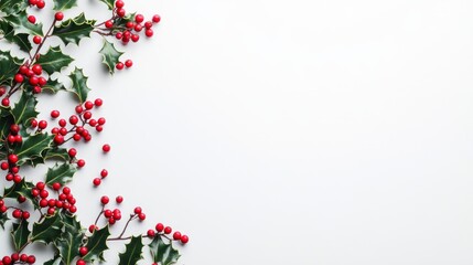 Holly branches with red berries on white background