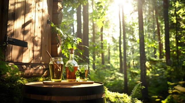 Golden elixir on barrel in sunlit forest serene woodland setting with rustic charm and refreshing natural beverage in tranquil outdoor scene