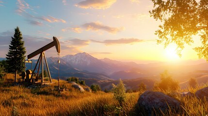 Naklejka premium Pumpjack on golden grassland with mountain backdrop at sunrise in a scenic landscape with warm light and tree