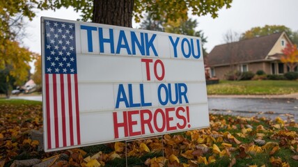 Obraz premium Sign thanking heroes displayed in front yard during autumn