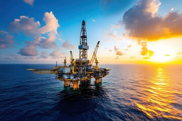 Obraz premium Offshore Oil Rig Platform at Sunset with Dramatic Sky and Reflections on the Ocean Surface