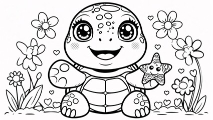 Cute Kawaii Style Turtle Holding Starfish Surrounded By Flowers And Hearts