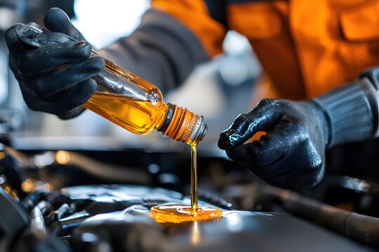 Mechanic pouring golden oil from bottle into car engine during maintenance service work