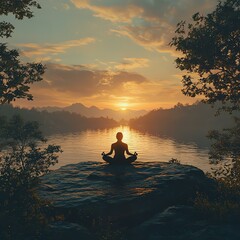 A peaceful scene depicting a person meditating on a rock, overlooking a serene lake at sunset, surrounded by trees and mountains, evoking tranquility and mindfulness.