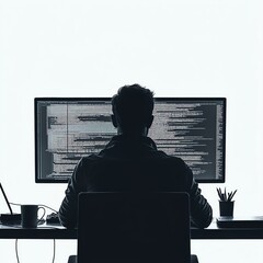 A silhouette of a programmer working diligently at a computer with lines of code on the screen