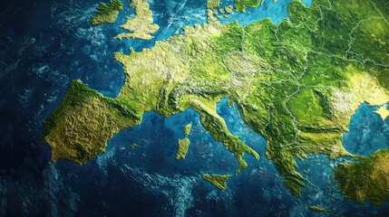 Detailed view of Europe showcasing diverse landscapes, geographical features, and water bodies