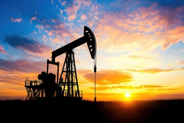 Silhouette of oil pump jack against vibrant sunset sky capturing energy production and industrial landscape with dramatic light and environmental reflection
