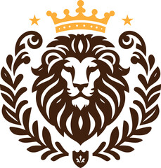 Lion head with crown and leaves.