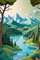 AI generative. Majestic Mountain & River Sunrise – Paper Cut Style Illustration. 3