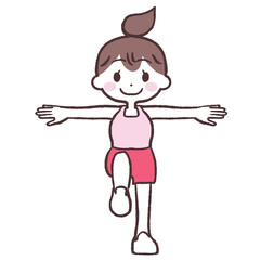 目を開け両手を広げ片足上げする女性全身イラスト