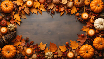 Autumnal Frame with Pumpkins, Leaves, and Candles on Wood