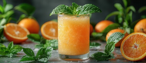 Refreshing orange juice drink with fresh mint garnish and citrus fruits