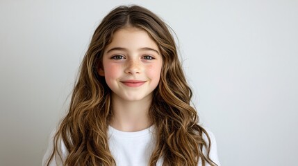 Naklejka premium Charming Portrait of a Young Girl with Freckles and Long Wavy Hair Against a Neutral Backdrop