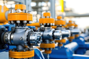 Industrial Valves and Pipes in a Row with Orange and Blue Colors in a Factory Setting