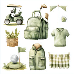 A collection of 9 individual hand-painted watercolor golf-themed elements, designed with a vintage aesthetic in greens, creams, and browns.