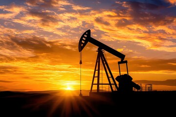 Oil Pumpjack Silhouette Against a Dramatic Sunset Sky with Golden Clouds and Sun Rays