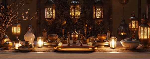 Fototapeta premium Ornate lanterns and decorative objects are displayed on a table