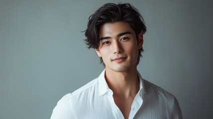 かっこいいイケメンアジア人男性のポートレート。笑顔で爽やかな印象。