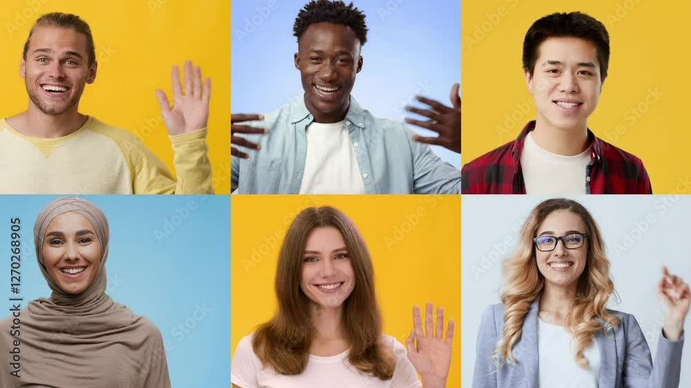 Poster a collection of six individuals from various backgrounds is shown joyfully waving their hands to gre