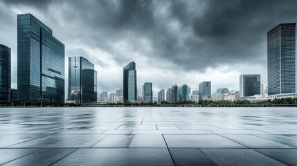 A contemporary plaza with a skyline under stormy skies. Featuring intensity and power
