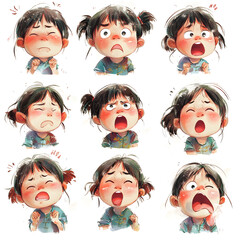 Expressive Cartoon Girl Emotions Set