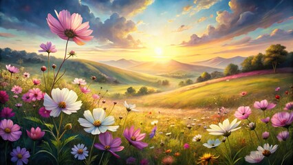 Fototapeta premium Watercolor Cosmos Landscape, Hand-Drawn Flower Field, Blooming Cosmos, Autumn Scenery, Artistic Floral Photography