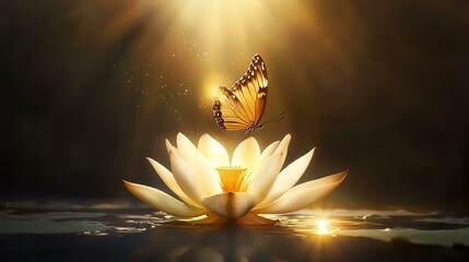 A serene butterfly hovering above a radiant water lily in golden light.