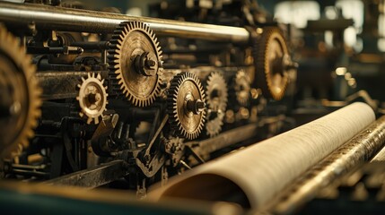 Vintage Printing Press Gears and Paper Roll.