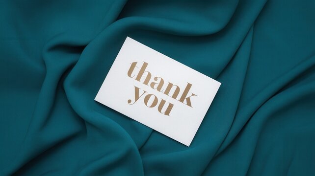 Thank you card resting on a teal fabric backdrop