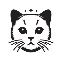 Majestic cat head, black and white illustration.