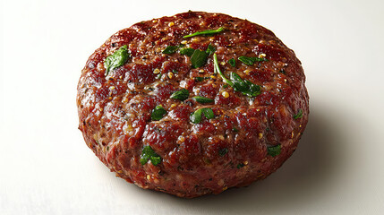 Close-up of a cooked, seasoned hamburger patty with fresh herbs.
