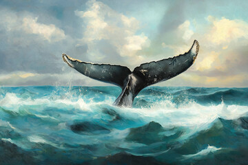 Fototapeta premium Seascape with Whale tail. The humpback whale (Megaptera novaeangliae) tail