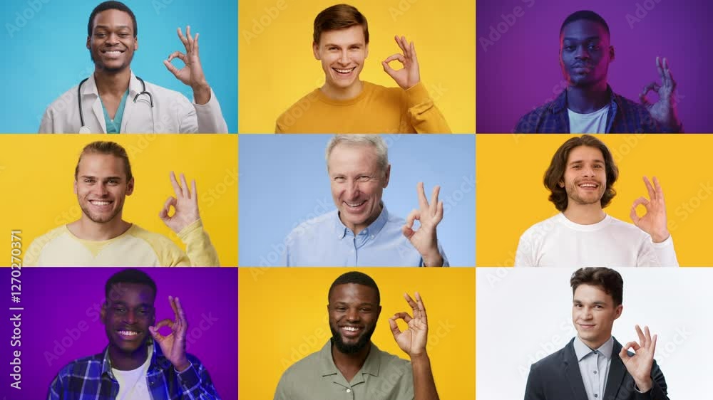 Poster Group of diverse men from various backgrounds making the okay gesture against vibrant colored backgrounds. This showcases unity and positivity in lifestyle, emphasizing diversity and inclusion.