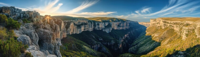 Fototapeta premium A stunning panoramic view of a canyon at sunset, showcasing dramatic cliffs and lush greenery against a vibrant sky.