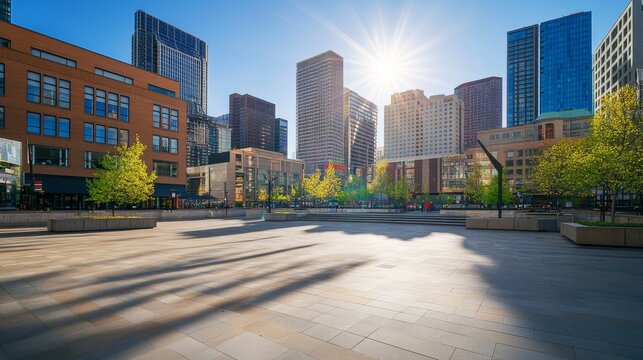 A dynamic city plaza with a skyline under bright morning light. Featuring clarity and vitality